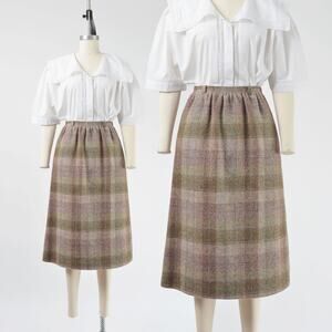 Vintage 70s Brown Plaid Skirt Elastic Waist Straight Midi Skirt with Pockets XS